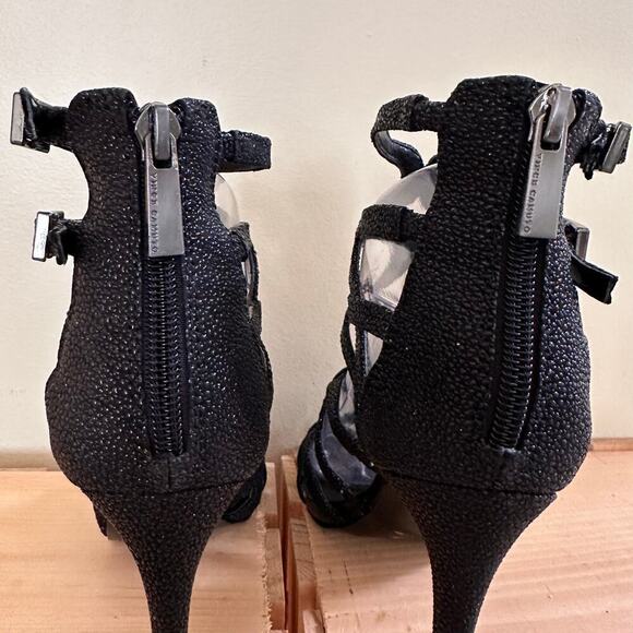 VINCE CAMUTO Cage Black Sparkling Glitter Heels 7.5 Night Out Statement Stiletto - Picture 7 of 16